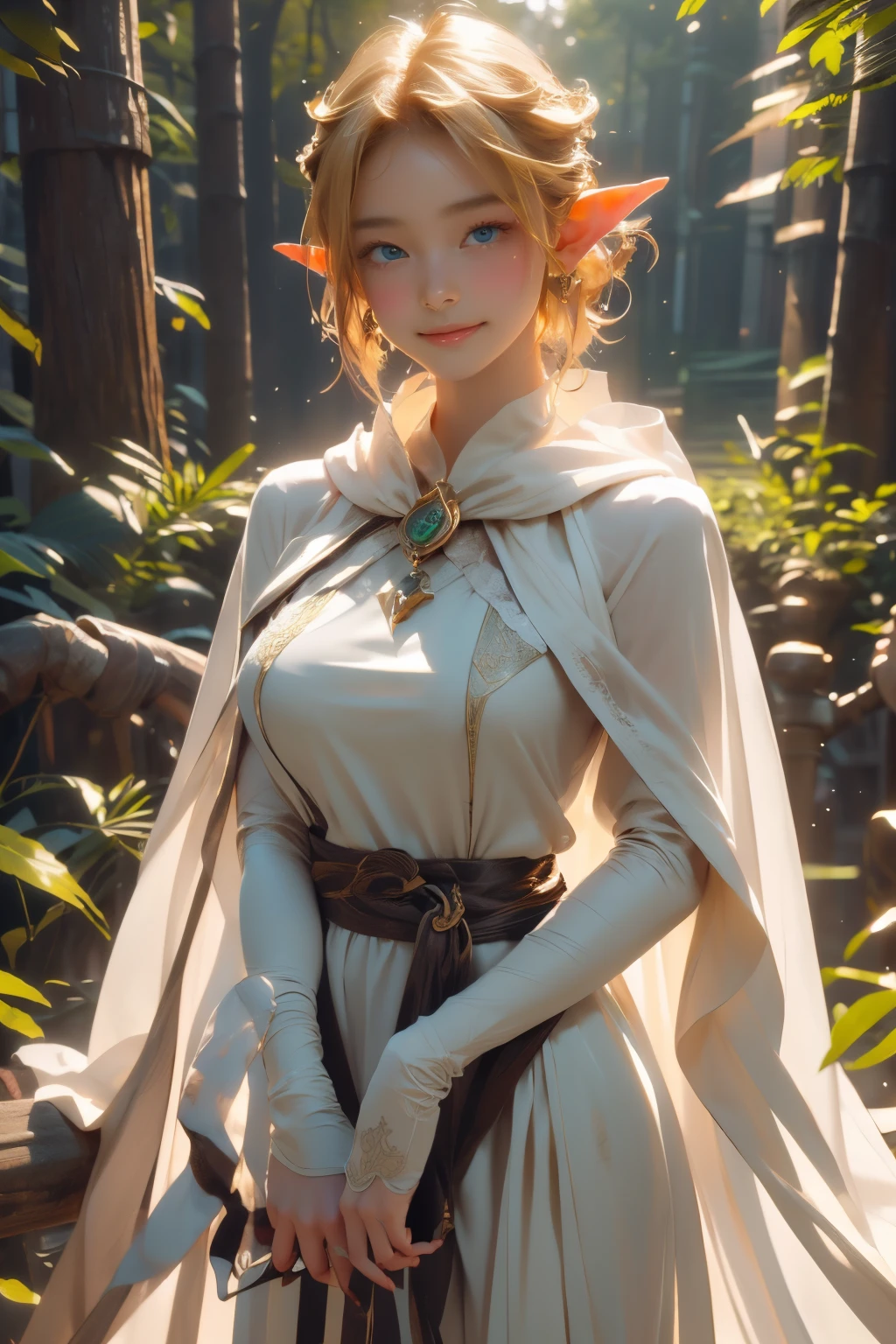 (Best quality, 4k, 8k, 16k, highres, masterpiece:1.5), ultra-detailed, ((Bishoujo girl)), ((Most beautiful elf girl with cute face)), ((Blonde short hair with blunt bangs and ahoge)), ((full body)), ((stand pose)), ((((Very long white dress with green cloak and gold accessories)))), ((High gladiator sandals with high heels)), ((huge tits with slim body)), (((Fantasy))), (((huge tits and thighs))), ((((A long wood magic wand)))), ((fully detailed)), illustration, (Original Character, Unity 16K Wallpaper, masterpiece, Best Quality, Ultra-detailed, extremely details CG, Caustics, Cinematic lighting, Detailed, Beautiful detailed eyes, Solo, Oily skin), Ultra High Resolution, Fine skin, (Strong lights), ((Brighten the subject)),