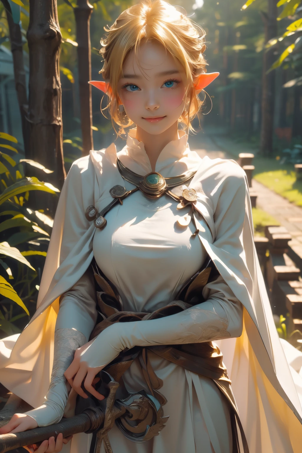 (Original Character, Unity 16K Wallpaper, masterpiece, Best Quality, Ultra-detailed, extremely details CG, Caustics, Cinematic lighting, Detailed, Beautiful detailed eyes, Solo, Oily skin), Ultra High Resolution, Fine skin, (strong lights), ((Brighten the subject)), The most cutest elf girl, Blonde short hair with blunt bangs, Ahoge, Green hair ornament, green eyes, (huge tits), Super long White dress with green cloak and gold accessories, Sweet smile, Holding a wand, in woods、