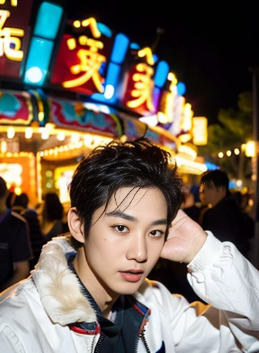 (Chinese handsome:1.5),Two men at an amusement park,the night,masculine pose,realistic detail, photograph of-realistic,textureskin,looking to the camera,18-year-old boy,Studio,