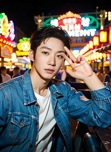 （Chinese handsome：1.5），Two men at an amusement park，the night，masculine pose，realistic detail， photograph of-realistic，textureskin，looking to the camera，18-year-old boy,Studio,