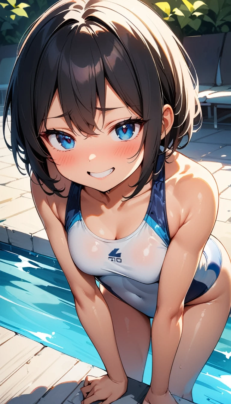 (high quality, 8k, 4K, High Contrast, masterpiece:1.2, 最high quality, Best aesthetics), , Very detailed, Seductive and erotic girl, ,false smile, Forced smile,Shadowy Face,blush,Embarrassed,(Bulging milk, ), Focus on the face, Small face,Complex eyes,, laced , Poolside,Pause waiting for insertion, Black Hair,Spatz-type competitive swimsuit,Toned Body,muscle質、muscle,Gatai is good,Muscular
