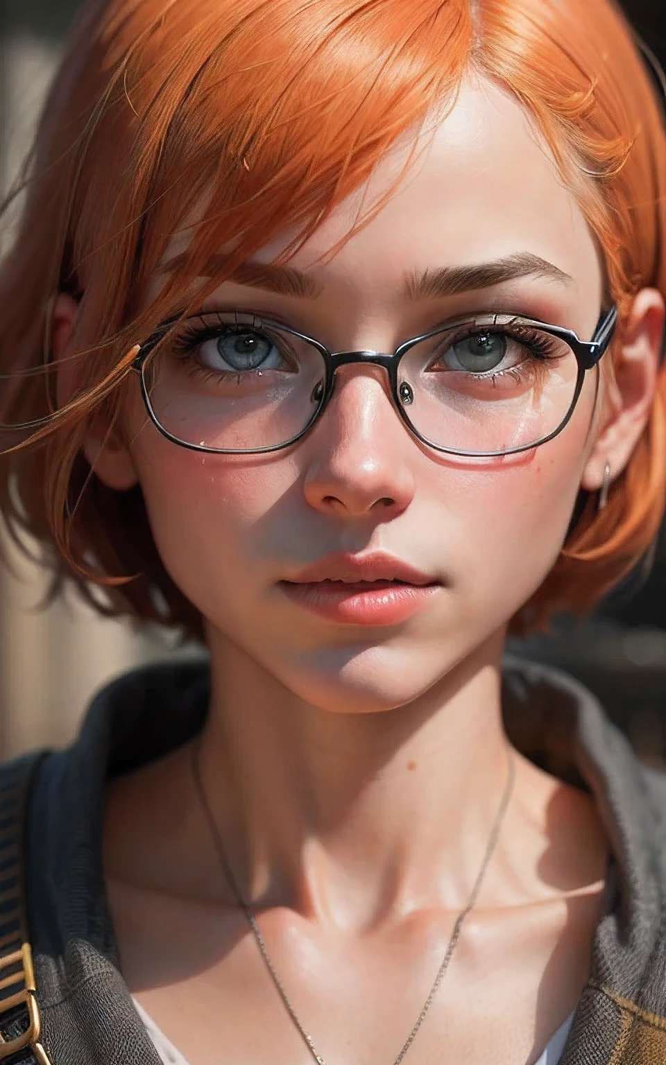 (realistic, photo-realistic: 1.37), (16k, RAW photo, best quality, masterpiece: 1.2), orange eyes, beautiful, ultra-detailed, heart-shaped pupils, physical rendering, ultra high res, front lighting, looking at the viewer, photorealistic, realistic, solo, photorealistic, best quality, extremely detailed face, extremely detailed eyes and face, beautiful detailed eyes, absurd, incredibly absurd, messy short hair, floating hair, ((oaks agrias)), whole body, radioactive orange hair, glasses, bob cut, portrait, poster, bob cut, lens flare, first-person view, close-up, 16k