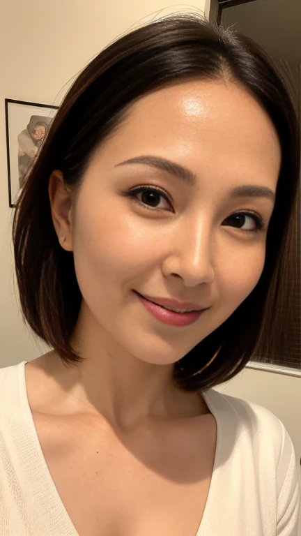 High resolution, High resolution, Attention to detail, masterpiece, Rough skin, Anatomically correct, sharp, 
Home bedroom background、((Tabletop))、((Close-up of face))、((Near Movies))、 
((Japanese Mature, 50 years old)), alone, ((Facial wrinkles)), Shapely large breasts, Black short bob, Chubby body type, 
 ,White blouse with collar, A gentle smile、A captivating gaze、A gaze that seduces viewers、
