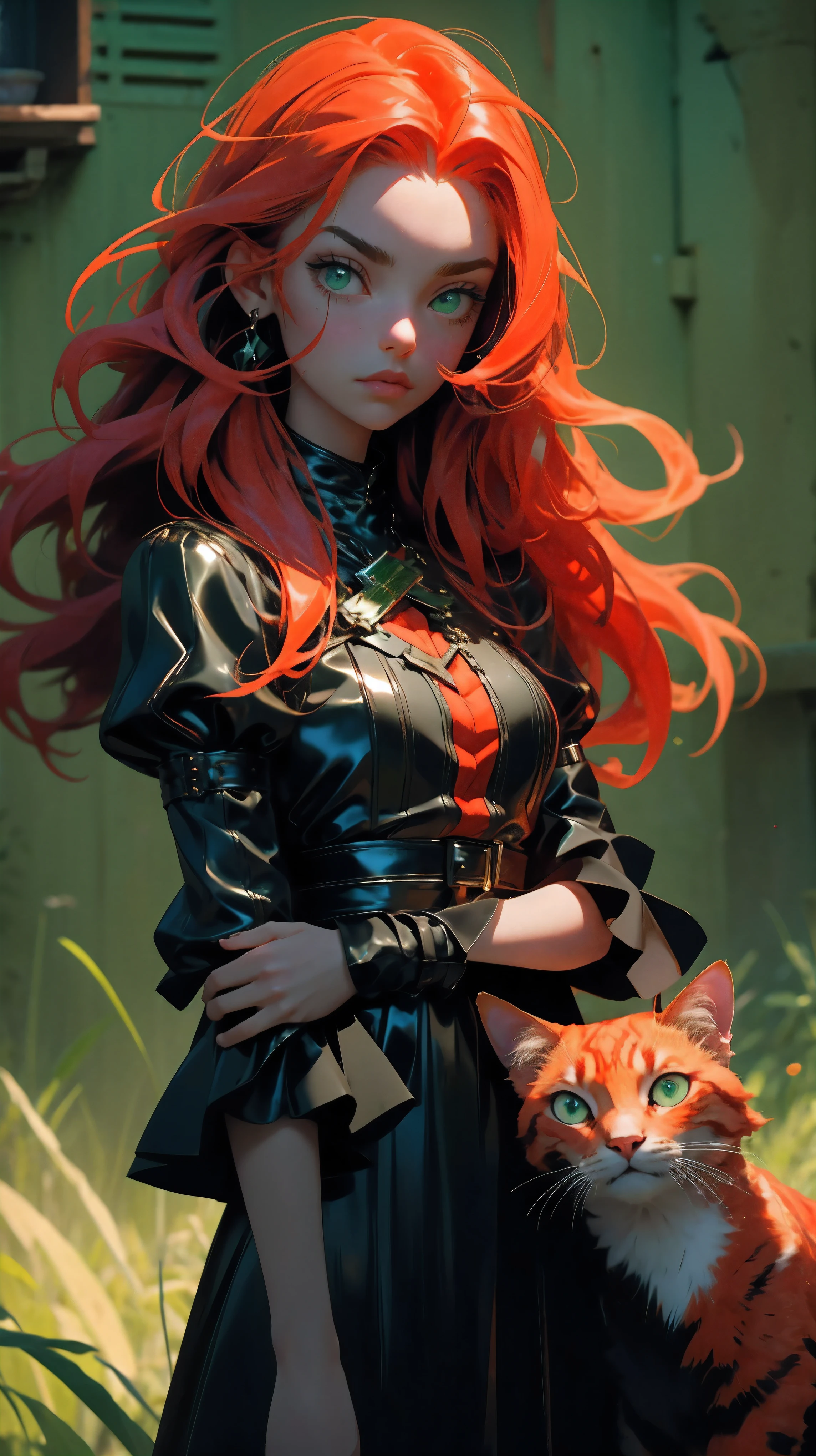 beautiful young girl, red long hair, green cat eyes, black leather dress, girl holding a red cat, 8k, high detailed, high realism, dark fantasy art
