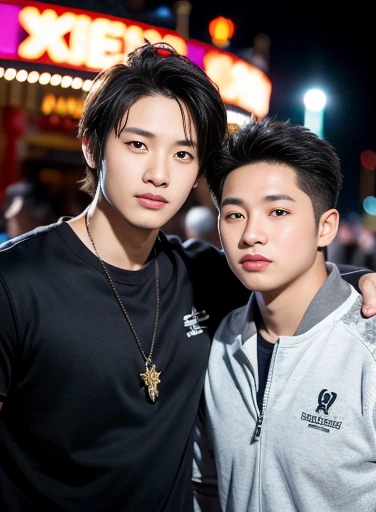 （Chinese handsome：1.5），Two men at an amusement park，the night，masculine pose，realistic detail， photograph of-realistic，textureskin，looking to the camera，18-year-old boy,Studio,