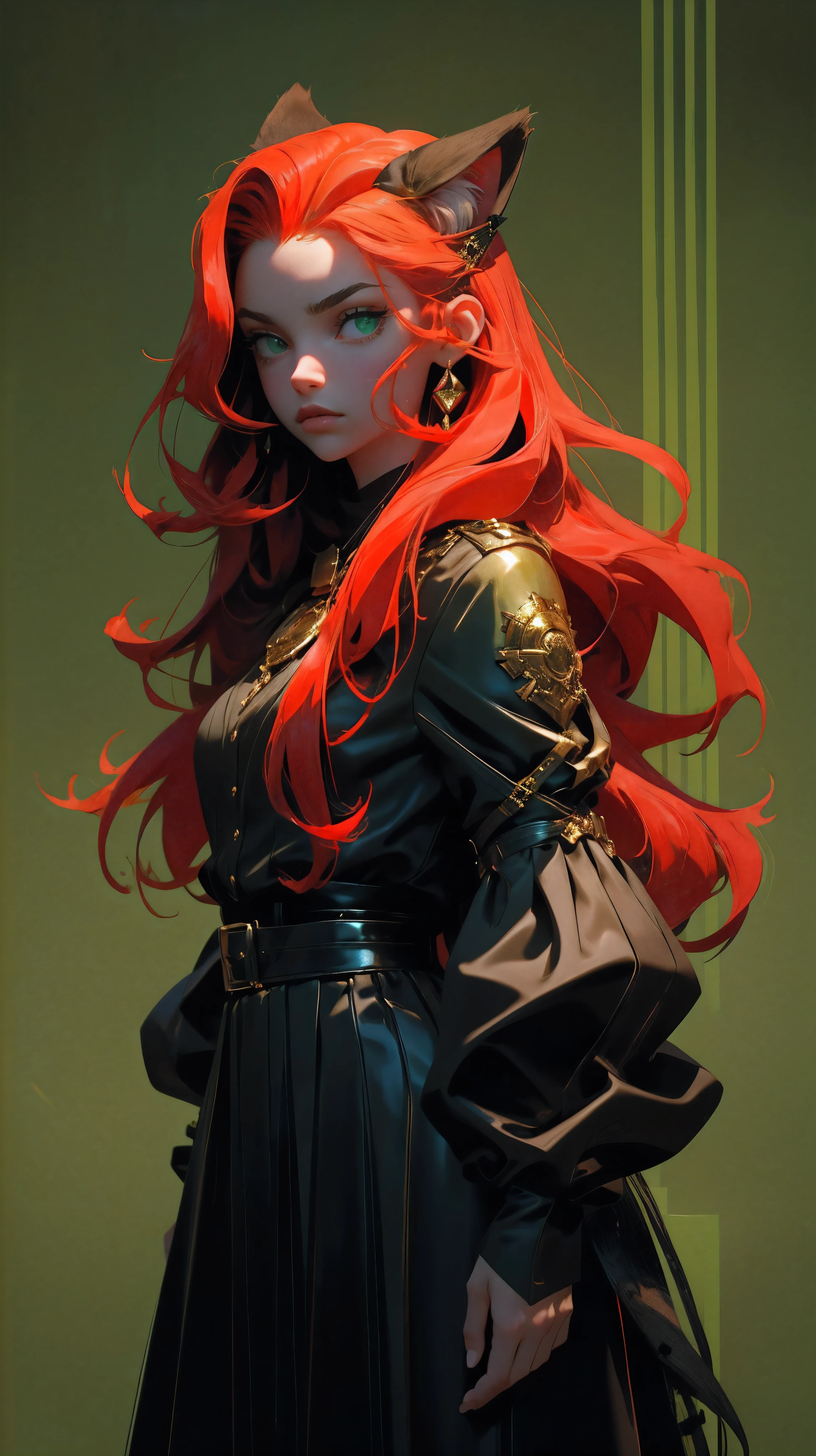 beautiful young girl, red long hair, green cat eyes, black leather dress, girl holding a red cat, 8k, high detailed, high realism, dark fantasy art
