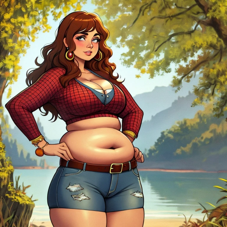 (masterpiece), (best quality), realistic, pudgy hippie, curvy body, 70s style clothing,