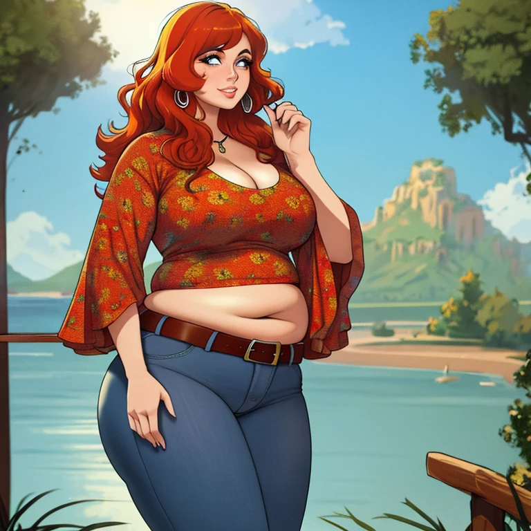 (masterpiece), (best quality), realistic, pudgy hippie, curvy body, 70s style clothing,