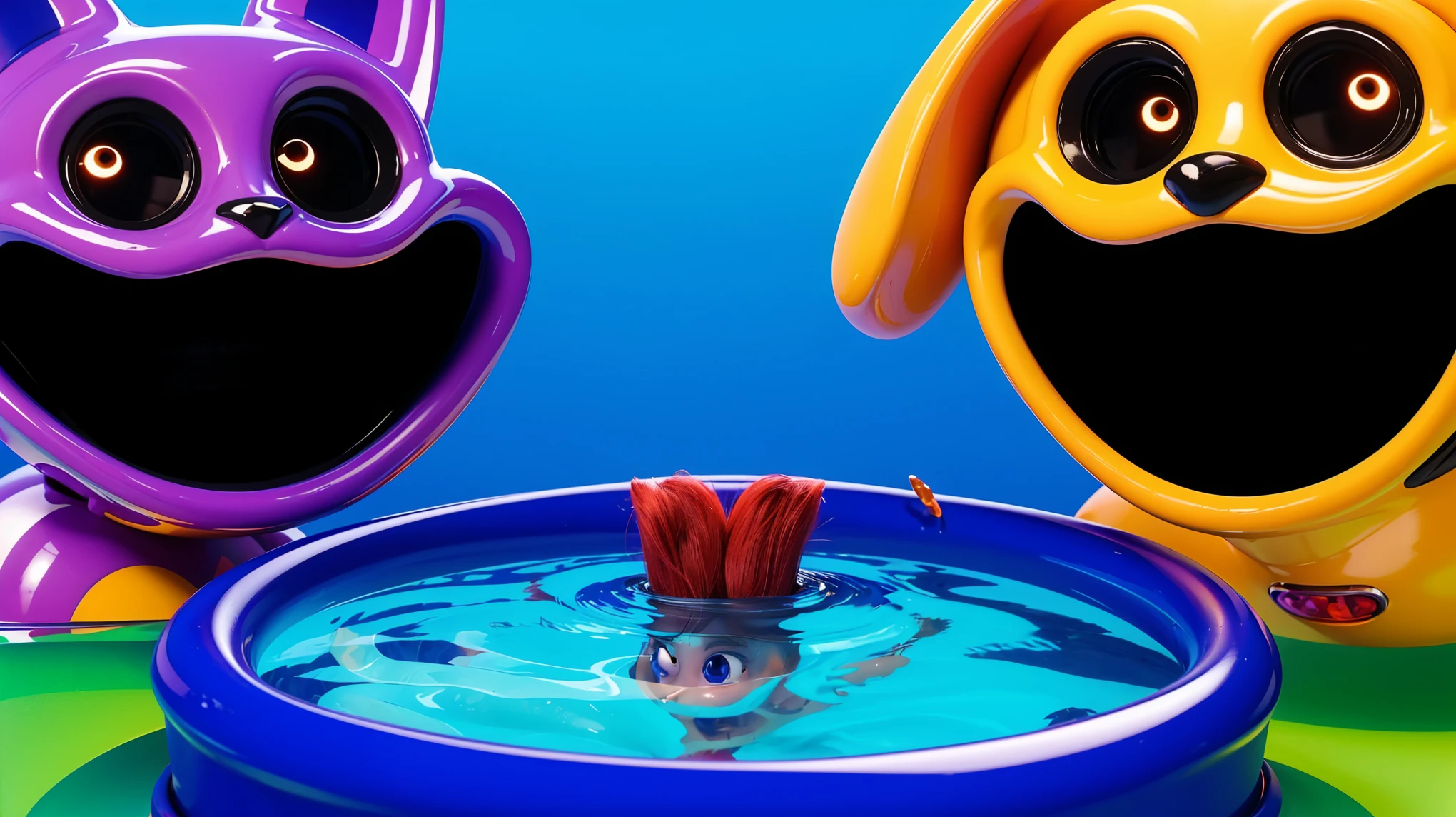 The image depicts three houses made of fish tails, sitting on the ocean floor. The left house is green, the middle one is purple, and the right one is orange. 3d underwater world algae sand. The image depicts a 3D rendered illustration of a boy and a girl with their hands shaped in the shape of a heart. They are both smiling and have red hair. The background is blue. cartoon characters stand next to each other, Electricsbunny, Holographic creatures, Beeple and Jeremiah Ketner, 🐋 as 🐘 as 🤖 as 👽 as 🐳, matte, Rabbids, cute 3D rendering, 3D icon for mobile game, robot rabbit, Shiny metallic, 3D персонажи violet cat toy, toy cat laying on glossy , glossy texture, smooth 3d model, multiple light sources, rim light, sharp post effects render, (glossy  big light probe refractions), perfect cgi, cgi art created only with gradients, smooth silhouette, high intensity refraction, (metalic), most beautiful vfx, blue background