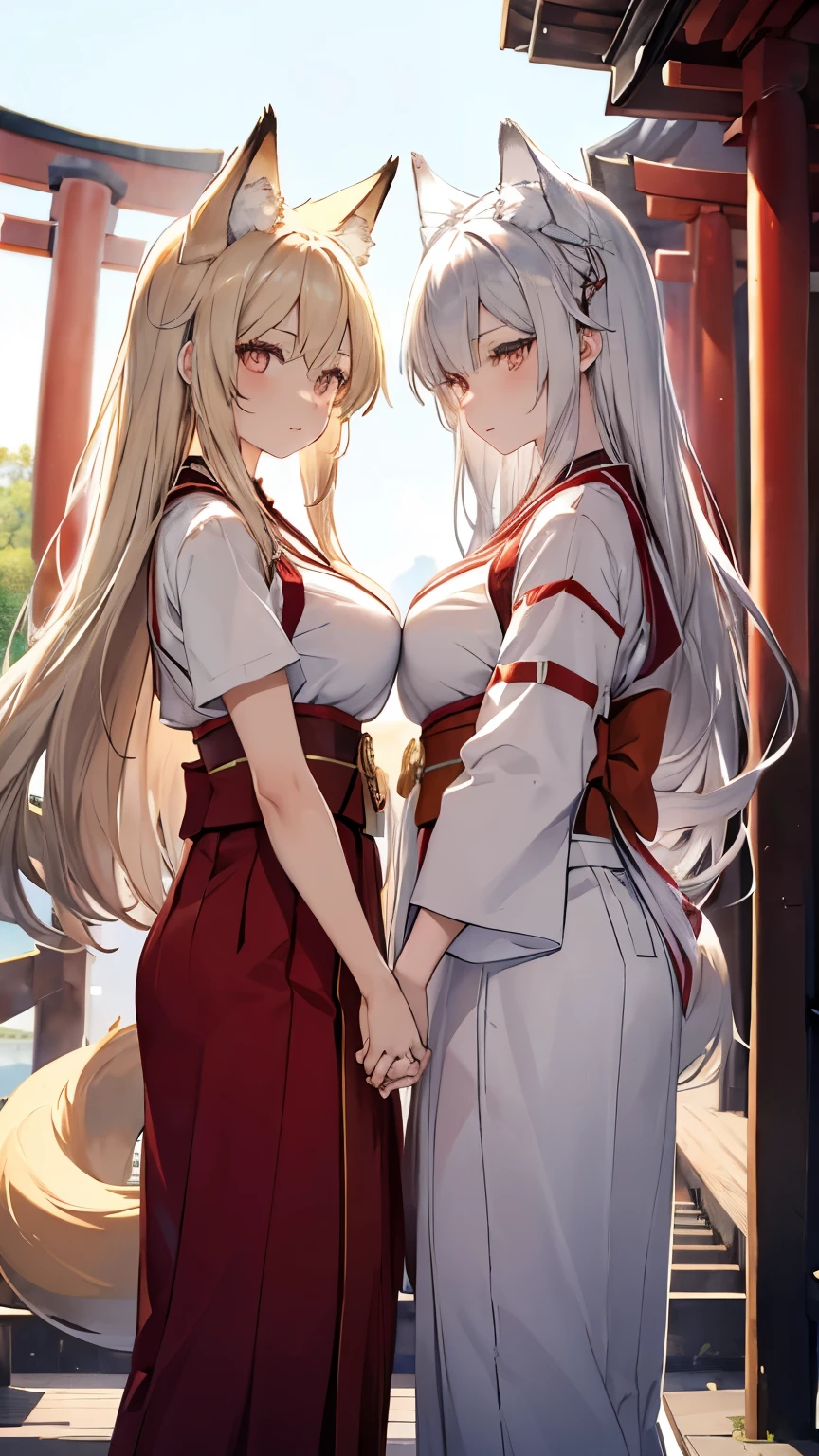 female up,shrine,torii,Asahi,Toned body,(Blonde,Long Hair,Golden Eyes),(Silver Hair,Silver Eyes),Hakama,Fox ears,Fox tail,Fox Mask,Large Breasts,twins,Two Women,Holding hands,