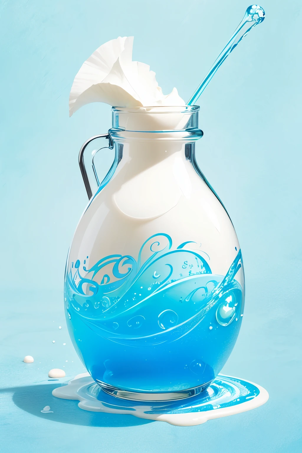 A whimsically charming scene unfolds with the theme of coconut cream, a pop bottle, and a smurf. The image brimming with imaginative playfulness features a delectable mix of flavors and colors contrasting against the quirky, pint-sized smurf perched atop the bottle. Whether a hand-painted watercolor or a digitally rendered masterpiece, this composition captures the essence of lighthearted fantasy. The thick, creamy coconut cream swirling around the vibrant blue smurf creates a visually enchanting contrast. The intricately detailed bottle design, adorned with whimsical patterns and designs, adds a touch of magic to