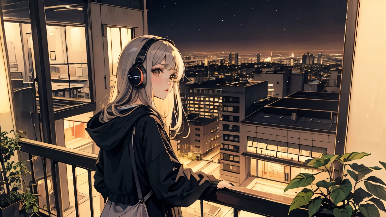 1 girl, 90s anime style, night, star, Balcony of an urban apartment、Girl wearing headphones, late night , Listening to music alone, City Pop, high quality, 綺麗なnight景、Lo-Fi, Chill, late night,都会のnight景、A stylish balcony、Foliage plant、 futuristic night view outside the window,