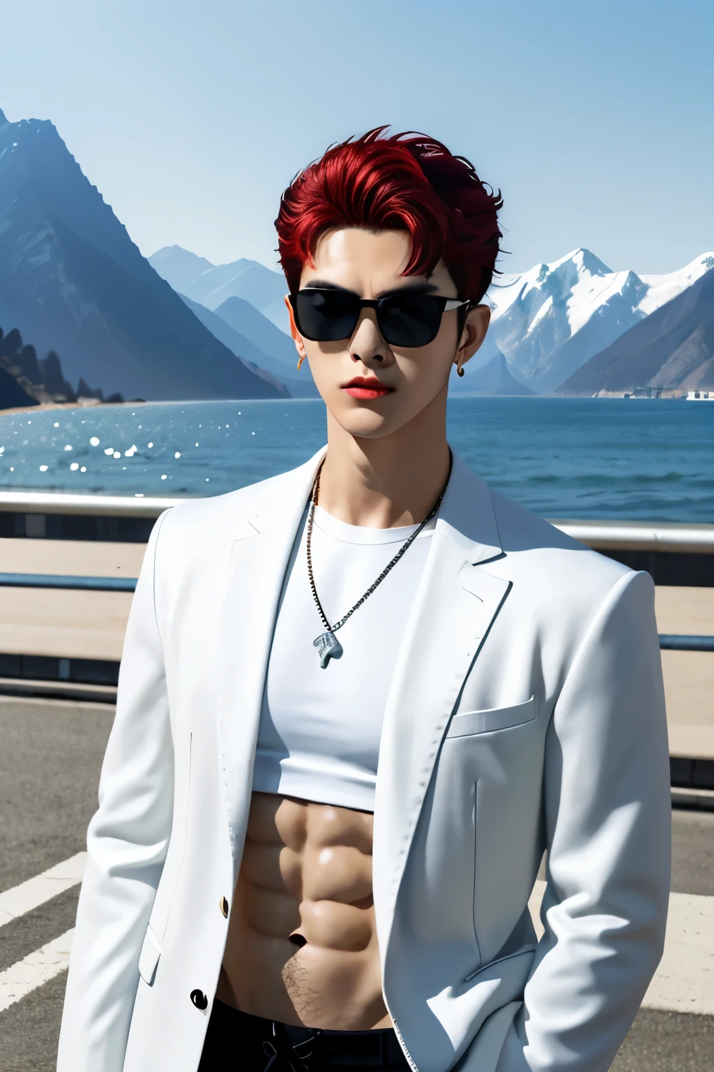 cool guy,perm,Wearing black sunglasses,Wearing earrings,Wearing earrings, exquisite facial features, Have by the sea, parks,snow mountains,City,the street,rays of sunshine, blue-sky,baiyun, red tinted hair, Cold ,frontage,strong, Well-developed abdominal muscleusculous,Robust,mannequin