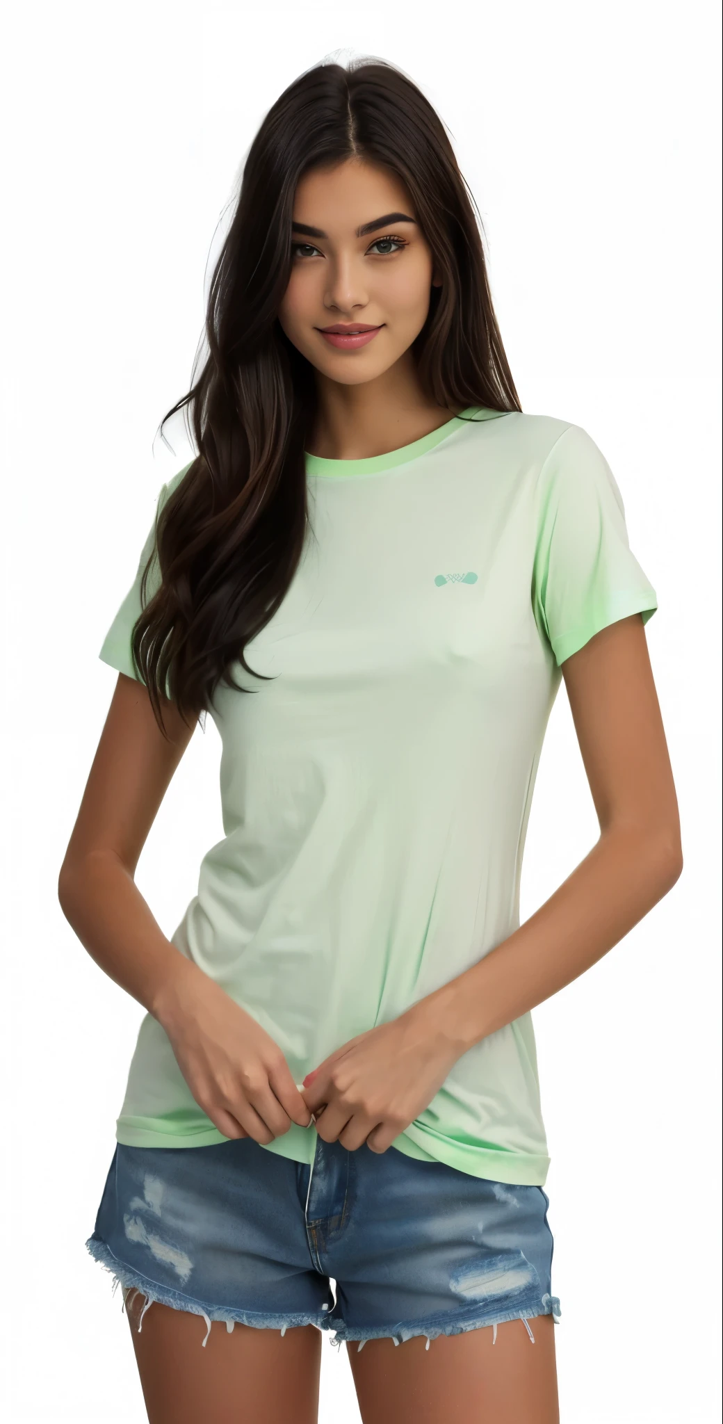a woman in a camiseta T-shirt verde and denim shorts posing for a picture, camiseta verde, casual roupas verdes, roupas verdes, verde pastel, luz verde, espuma do mar verde, camiseta, camiseta, Manga curta, wearing a camiseta, Luz verde, vestindo uma camiseta leve, Green Lemon, Zellk, roupas verdes, gradient Luz verde