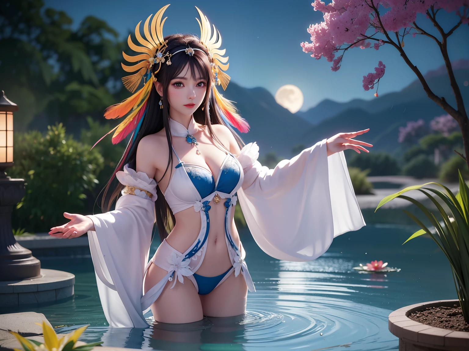 (8k, original photo:1.2), best quality, Ultra-high resolution,dramaticangle,(Fluttering detail color splash), (illustration),(((1 girl))),(Long hair),(rain:0.9), (Headdress:1.4),There is a hot spring next to the girl,Color ink painting,(Splash of Color),Splash of Color,(((rich and colorful))),(sketch:0.8) , Wearing underwear，Soak in the hot springs，masterpiece, best quality, beautiful painting, high detailed,(Denoising:0.6),[Ink splash],((Ink Refraction)), (Beautiful and detailed sky),moon,high,detailed,(masterpiece, best quality, Extremely detailed） CG Unity 8k Wallpaper，masterpiece，best quality，Ultra Detailed），（Lycoris），