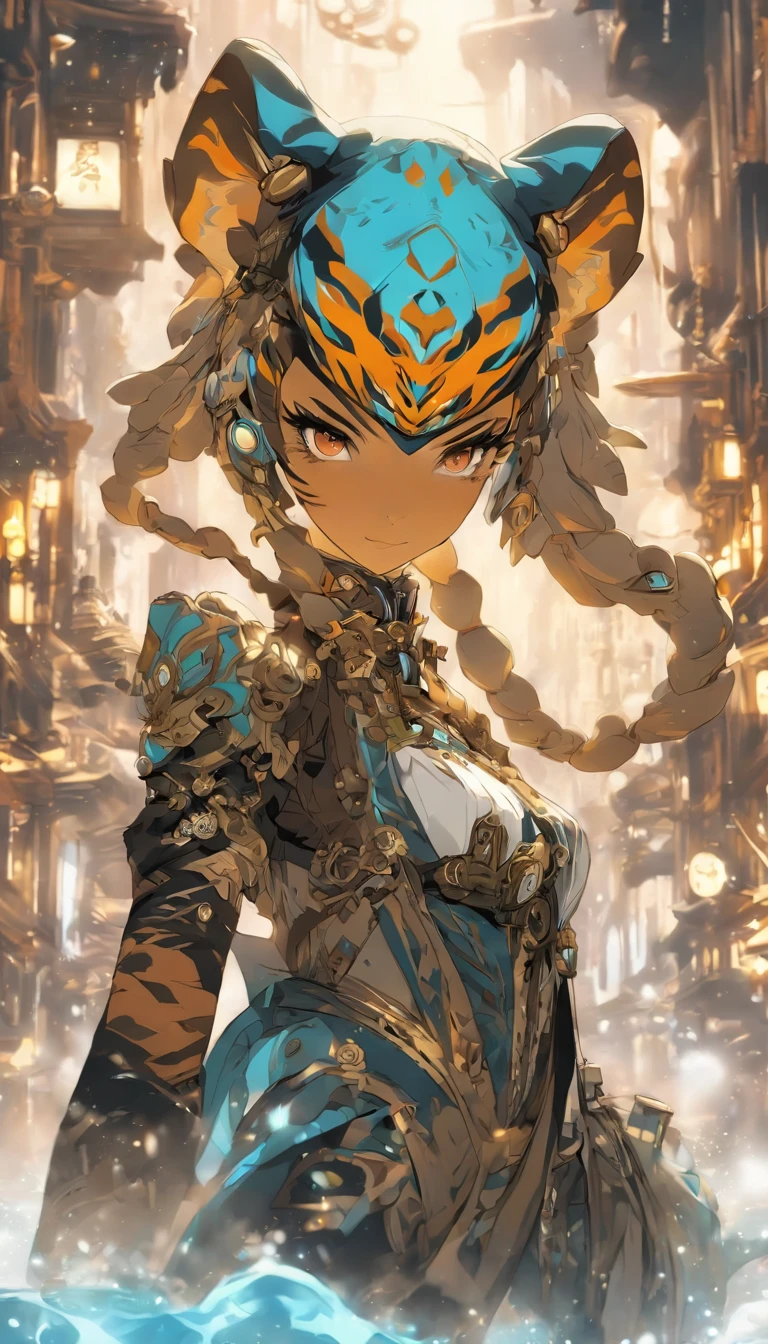Chinese ink style,Steampunk world,Tiger-shaped steampunk warframe girl,Jet steam is suspended in the city air,Ink animation art,Ink comic art,water ink,ink,Smudge,8K,Delicately portrayed,Works of masters,Black and white tones