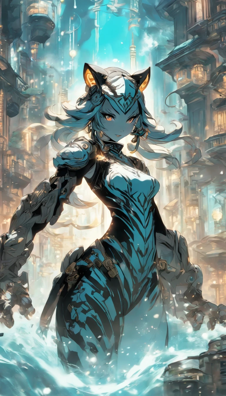 Chinese ink style,Steampunk world,Tiger-shaped steampunk warframe girl,Jet steam is suspended in the city air,Ink animation art,Ink comic art,water ink,ink,Smudge,8K,Delicately portrayed,Works of masters,Black and white tones