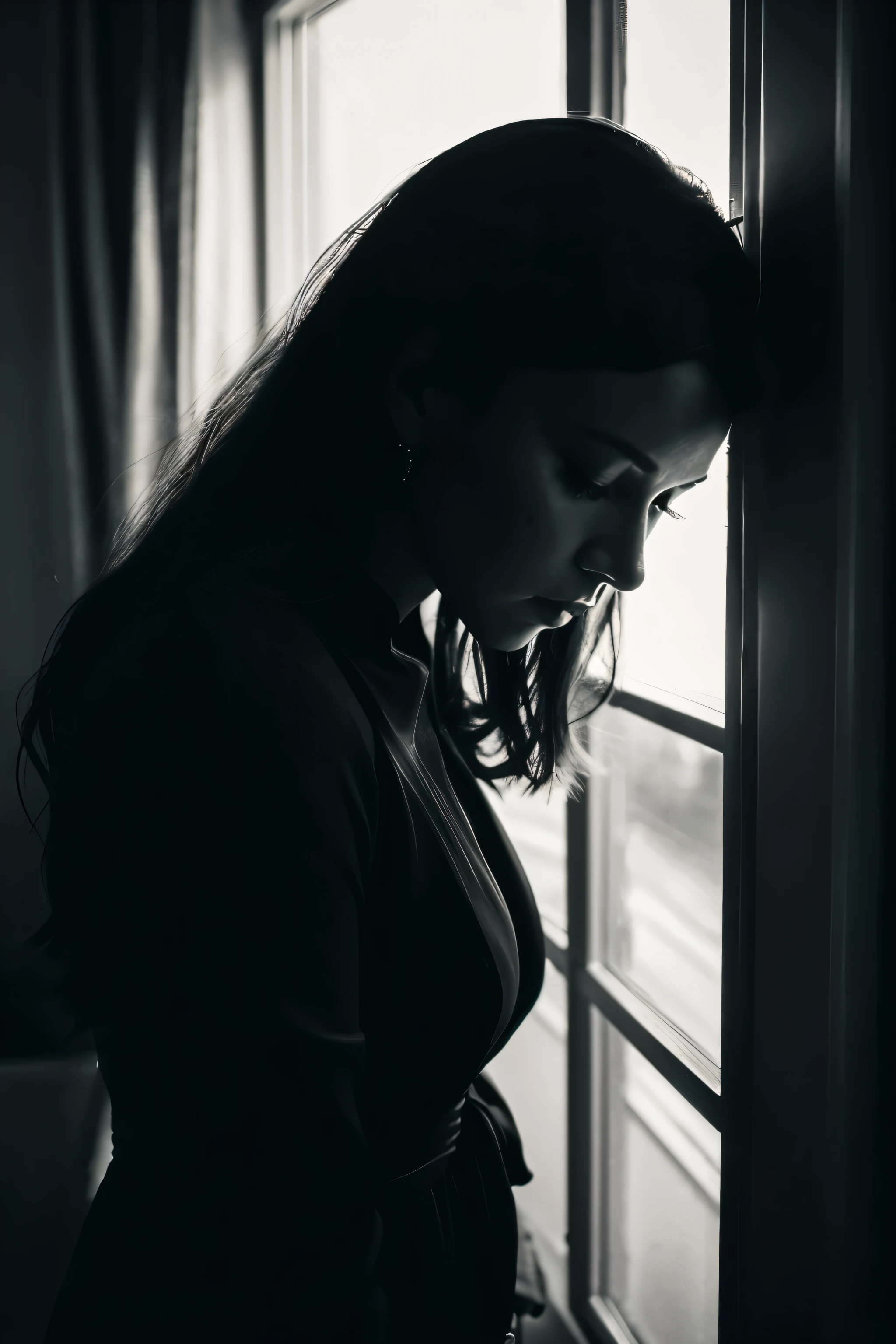 arafed black and white photo of a woman looking out a window, a black and white photo by Albert Welti, tumblr, digital art, alessio albi, emotive portrait, film portrait, 8k artistic portrait photography, atmospheric portrait, mysterious portrait, cinematic portrait, black and white artistic photo, monia merlo, photography alexey kurylev