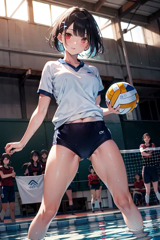highest quality、In 8K、masterpiece、Hmph、超A high resolution、RAW Photos、(Photorealistic:1.3)、Natural soft light、(Depth of written boundary)、Slender、(whole body:1.2)、Side Shot、Detailed face and eyes、Realisticな生徒、Sharp pupils、Inside the gym、(Dynamic action poses、play volleyball)、Beautiful Face、Beautiful 16 year old girl、Japanese doll girl、Glowing Skin、Bobcut、Beautiful black hair、Blunt bangs、Red Eye、(blush:0.7)、Sweatをかく、Volleyball Uniforms、(Thighs Thighs Thighs Thighs:0.8)、(highest quality,8k,High resolution,Masseter muscle area:1.2),Very detailed,Realistic:1.37,Portraiture,Dynamic Angle,(Female water polo player) ,age Girl,Small Head,cute,sporty,Attractive face,詳細なBeautiful Face,Extremely realistic skin,Wet Skin,Sweat,Large Breasts,Beautiful legs ,sporty,Water Polo Venues ,Cinema Lighting,