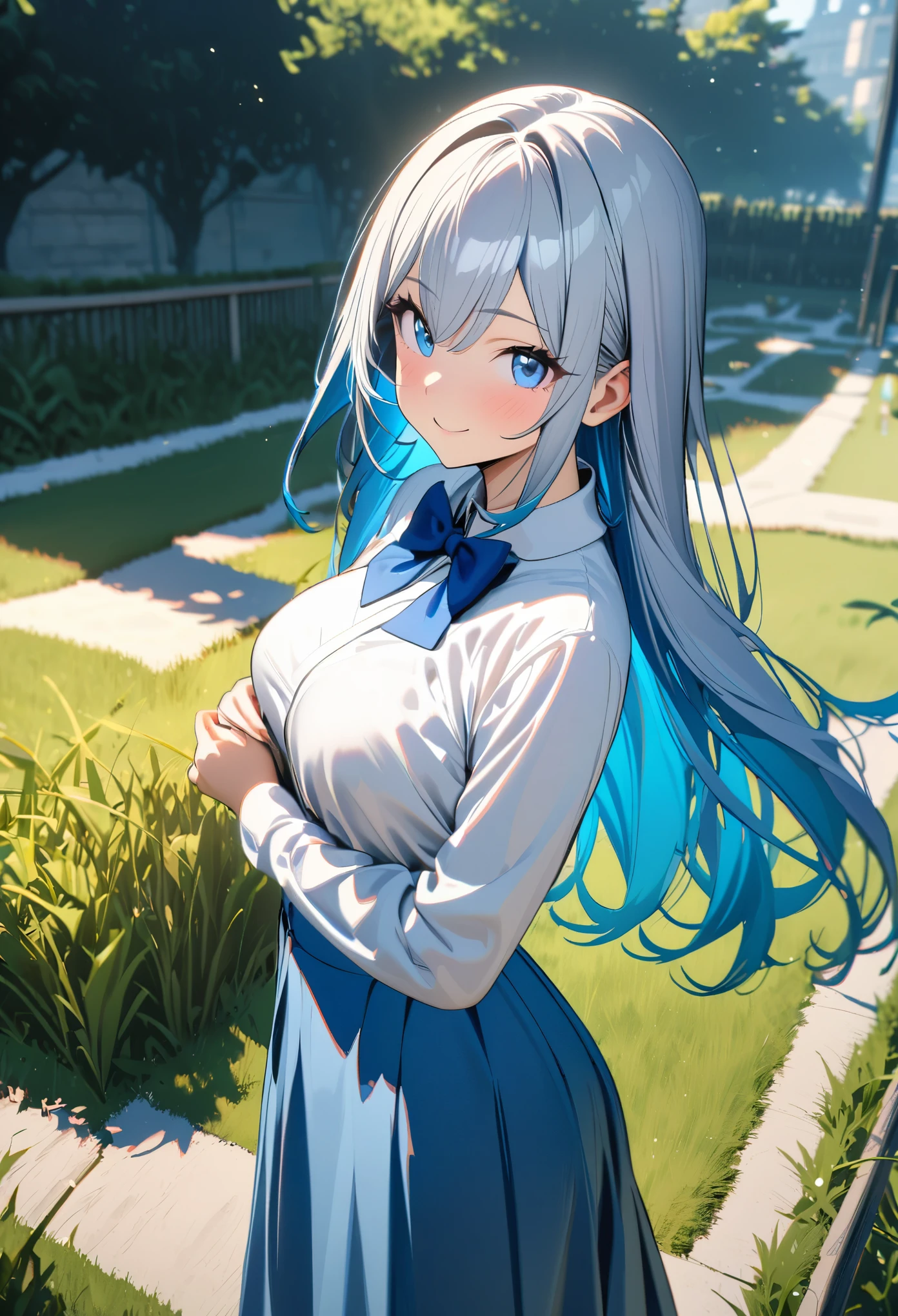 1 girl, ((Girl is curvy and slim, beautiful and tall)), ((long silver blue ombre hair))((silver blue ombre hair)), ((blue eyes)), ((Girl wears long sleeved white blouse, blue bowtie, blue skirt)), ((Grass yard)), looking at viewer, smiling warmly, 8k, masterpiece, ray tracing