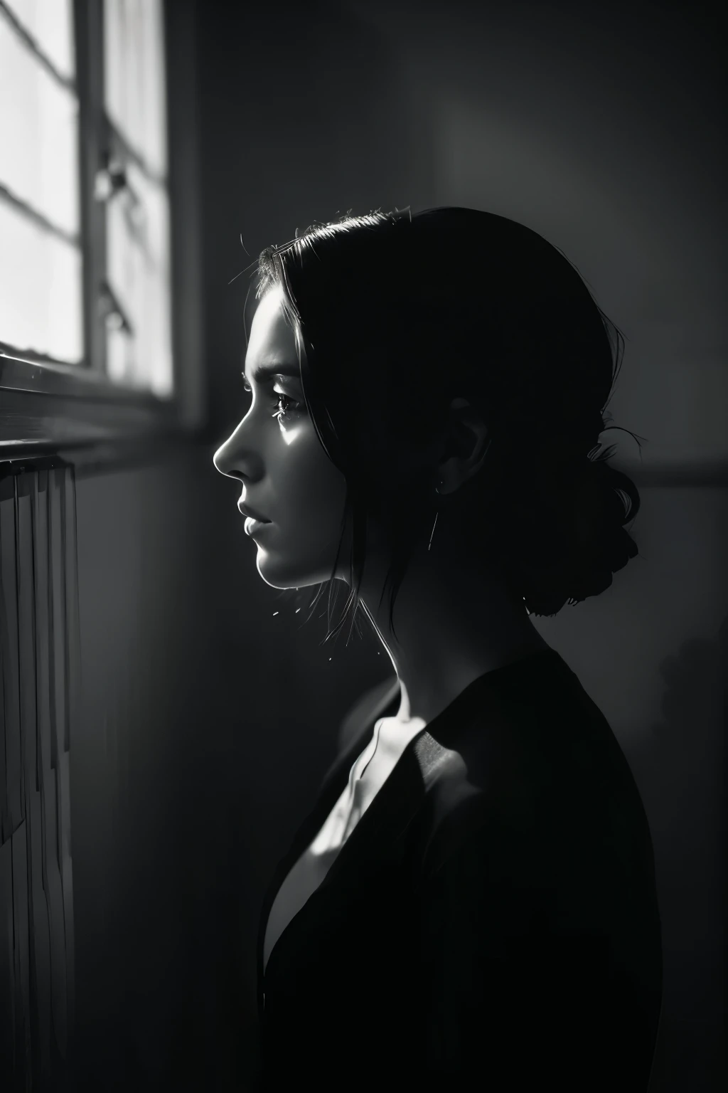 arafed black and white photo of a woman looking out a window, a black and white photo by Albert Welti, tumblr, digital art, alessio albi, emotive portrait, film portrait, 8k artistic portrait photography, atmospheric portrait, mysterious portrait, cinematic portrait, black and white artistic photo, monia merlo, photography alexey kurylev