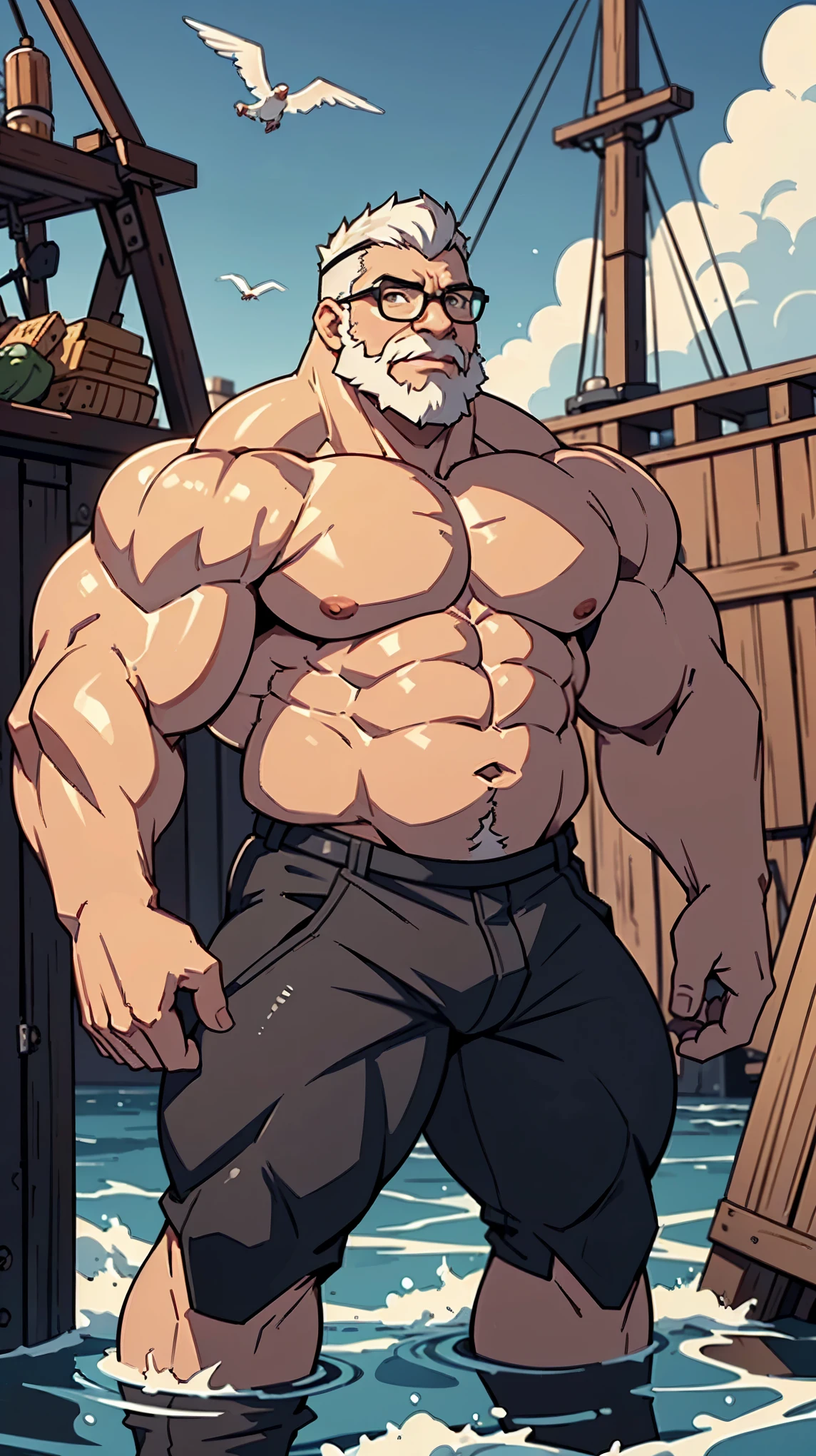 wallpaper, A solo, muscular boy with huge pectorals wearing glasses stands in a harbor, shirtless. He is an old man with short white hair and a thick beard. The scene is full of pirates, creating an adventurous atmosphere. The artwork is a masterpiece, with high detail and resolution of 8k. The muscular boy's pectorals are particularly emphasized, showcasing his strength. The harbor is bustling with activity, with ships, crates, and seagulls in the background. The lighting is dramatic, highlighting the boy's strong physique. Overall, the image exudes a sense of power, adventure, and mastery.