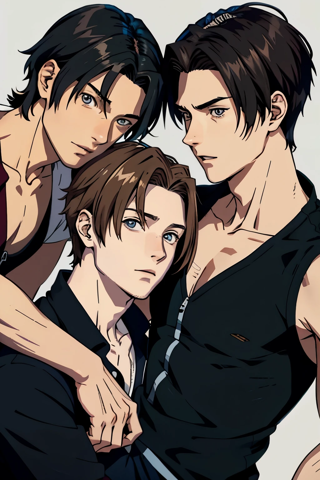 Regenerate me a manga book cover with two young men, one with brown hair and the other with black hair, illustrating a forbidden relationship with two men  
