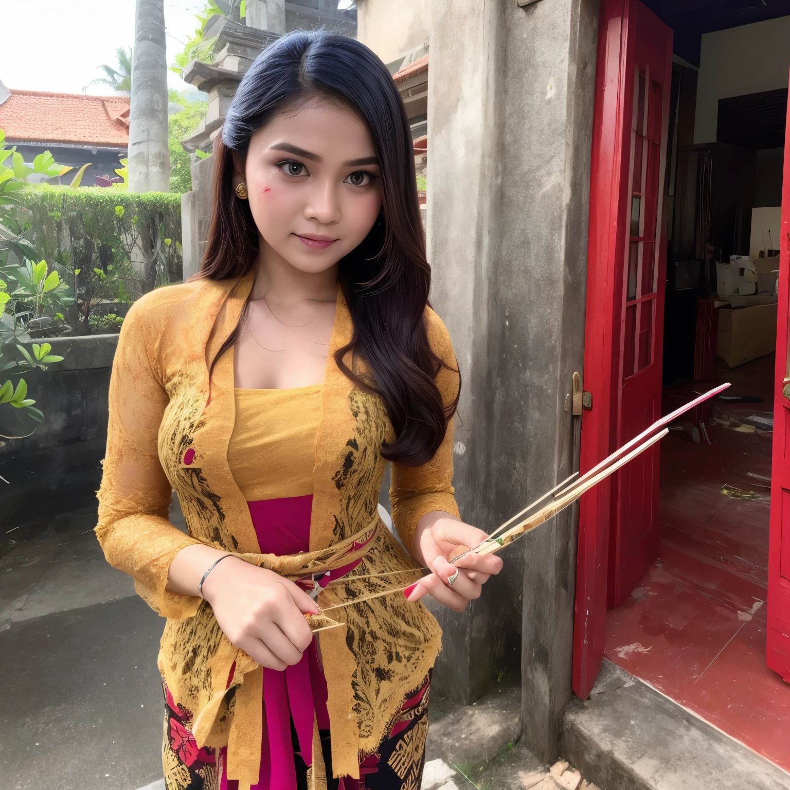 Beauty Woman, Blood splashes, holding a hairpin as a weapon, blood everywhere, dense and thick style hair, Indonesia clothes kebaya traditional bali, blood stains, killing man