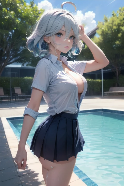 very cute and beautiful girl,tall,(highly detailed beautiful face and eyes:1.2),school uniform, white shirt,loose collar,super short skirt,mini skirt,(large breast:1.3), (You can see the cleavage),standing,stylish pose,looking at viewer,Thin face,nice face,(turn around and look back:1.2),Looking from bottom to top,Clear face,clean face,pool side,distant school building,(long and beautiful legs:1.5) (best quality,masterpiece:1.2),highres,extremely detailed,solo, hair fluttering in the wind,beautiful detailed sky,(realistic),perfect hands,(many cum on body:1.2),Furina,sexy