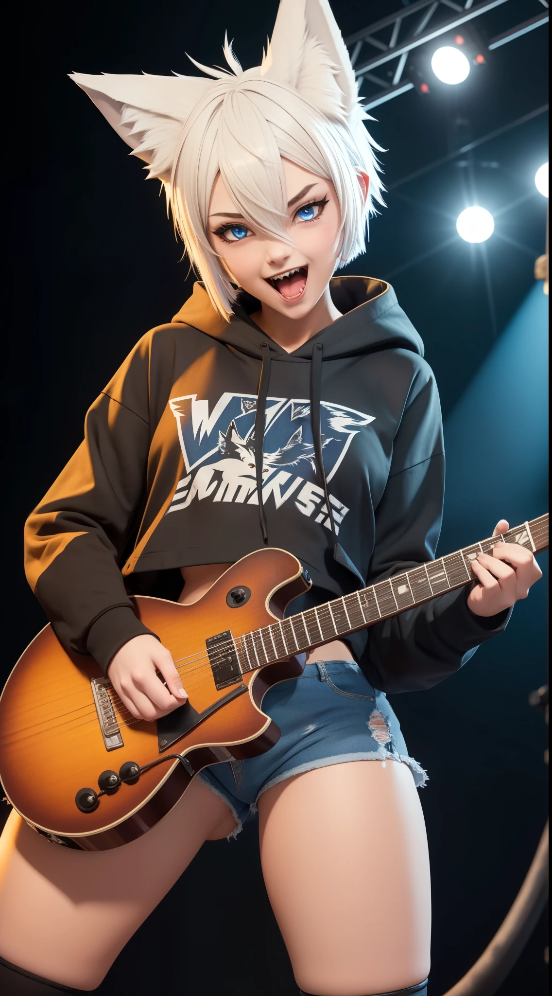 Masterpiece, wide smile, boyish girl with short (white hair), punk hair style, half shaved hair style, (horny face expression), has wolf ears, ((had wolf tail)), wearing denim shorts and a cropped black hoodie, thick thighs, wide hips, wearing thigh high socks, solo, alone, no wolves, showing belly, has glowing blue eyes, flat chest,Comics, fantasia, sfw, onis, singing, (guitar, electric guitar)