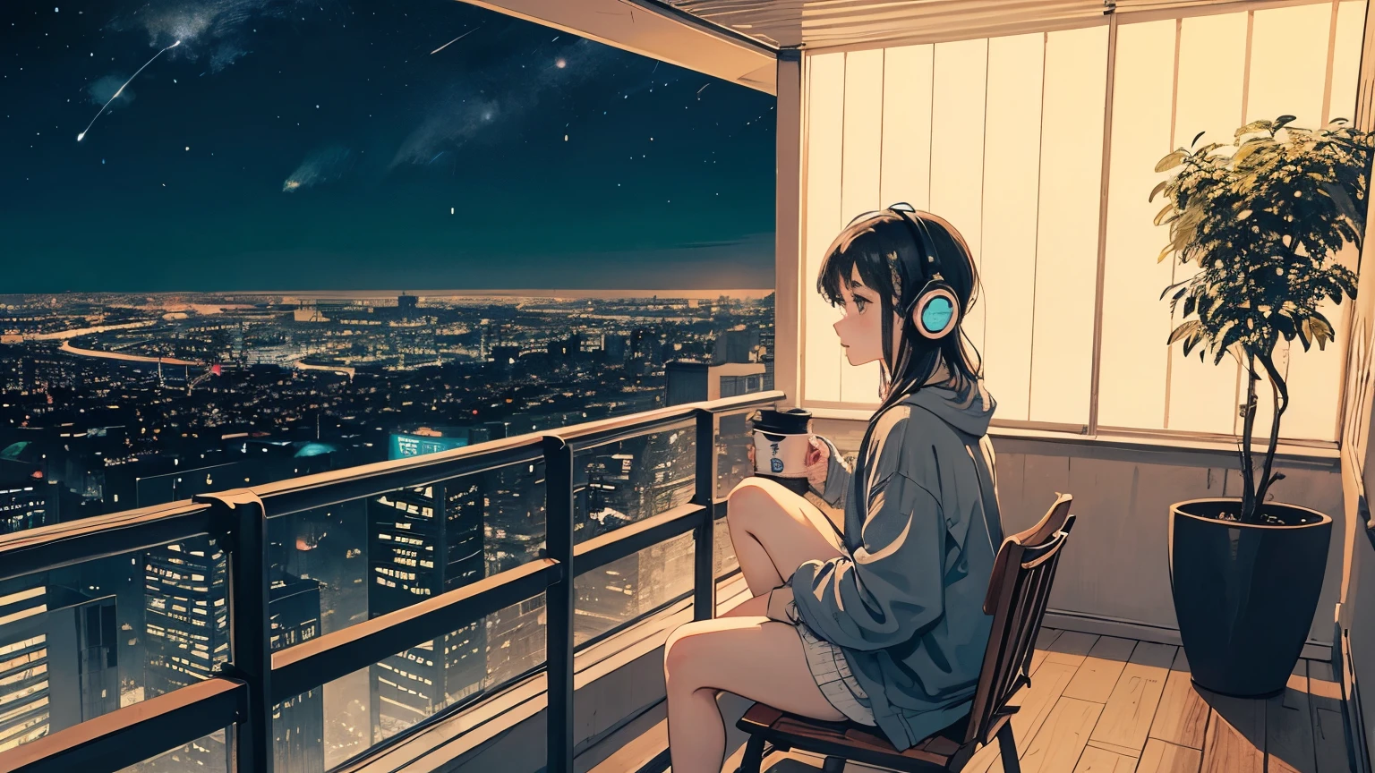 1 girl, 90s anime style, night, star, Balcony of an urban apartment、Girl wearing headphones, late night , Listening to music alone, City Pop, high quality, 綺麗なnight景、Lo-Fi, Chill, late night,都会のnight景、A stylish balcony、Foliage plant、 futuristic night view outside the window,