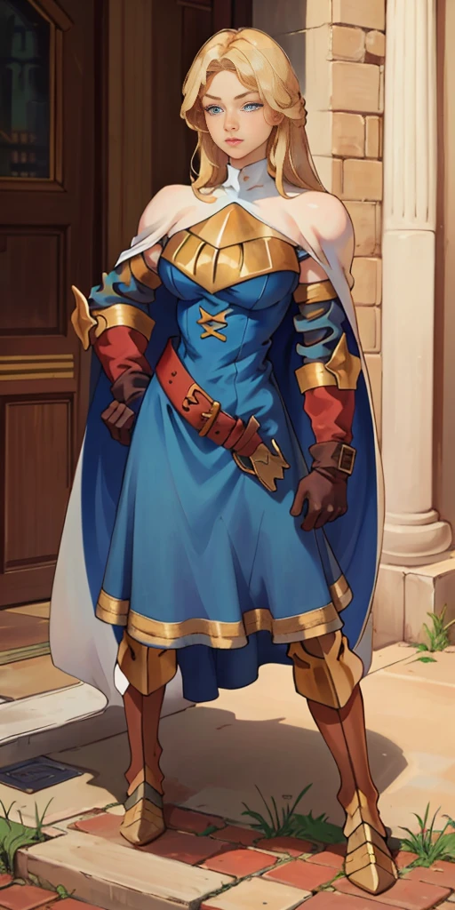 (masterpiece, best quality), 1girl, KnightFFT, long hair, blonde hair, blue eyes, cape, armor, blue dress, belt, gloves, boots