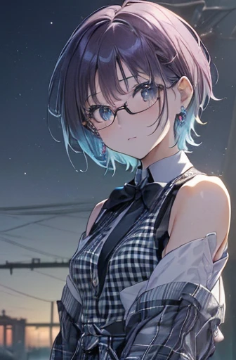(((Very detailed:1.3))), Intricate iris detail, Fascinating eye reflection, Eye sparkle highlights, Pupil depth and three-dimensional effect, Subtle changes in the color of the iris, Meticulous eyelash detailing,　Pupil depth and three-dimensional effect, (((Toru Asakura:1.3))), (((short hair:1.3))),((cardigan, , Rolled up my sleeves、Wristband, Earrings)), (((Blue Hair、Gradient Hair、Multi-colored hair、Parted bangs、Purple Hair, Parted bangs 1.4))), (((One girl))), *//*(((Plaid, グレーのPlaidプリーツスカート:1.5))), ((Earrings, cardiganウエストラップ))), (((Perfect hands:1.2))), (((Perfect ???????:1.2))), (), (((Tabletop, 最高quality, Very detailed, High resolution, Top quality, ４ｋquality, High resolution, 超High resolution, 8k, High resolution, Super Detail, Ultra Sharp, super High resolution, Film script, good shape: 1.2, Vibrant colors: 1.2, Beautiful Face: 1.1, wonderful_quality: 1.0, Perfect Face, Shiny skin, Beautiful, detailed eyes, Very detailed顔,Perfect Face, wonderful肌))), (top-quality、High definition、masterpiece:1.2、)、Awareness-raising、night、Starry Sky、(((Face Focus, Recall, Extremely close-up footage, View your viewers, Very wide shot)))、Waiting for a kiss、Sparkling Eyes,Happy, Floating Hair, Shiny Hair,Outdoor, Wind, *//* , *//*(((short hair:1.3))), ((Simple loose black tie:1.3)), (,Tight waist、Slender body、Small Head、Beautiful feet、The beauty of the footboard, Long neckline、Blue-rimmed glasses), (Body with seven heads:1.3)