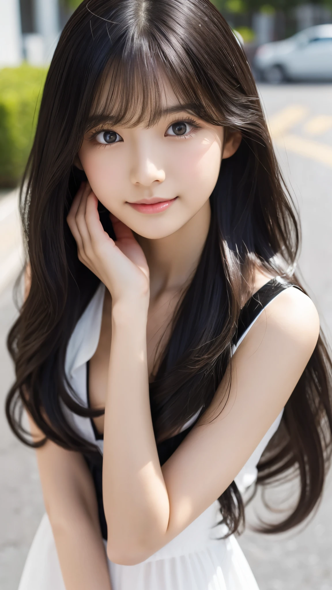 Shining, clear, white skin、Her windblown black hair hides her beautiful face.、huge、Sexy beautiful face of 28 years old、Beautiful straight hair that stands out、growing up, glowing light brown eyes、Sexy long silky bangs covering the eyes, Sexy young woman with super long hair hiding her sexy face、Shiny black hair、(((Sexy Woman)))、The cleavage is visible,Red sexy dress