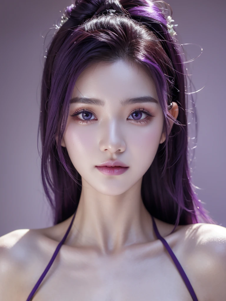 (best quality,8k,realistic,masterpiece) 18 years old East Asia female, unique appearance, uncommon face, beautiful detailed eyes, beautiful detailed lips, extremely detailed eyes and face, purple eyes pupil, glowing purple hair, unique hairstyle, vibrant and captivating, graceful posture, confident smile, mesmerizing gaze, natural beauty