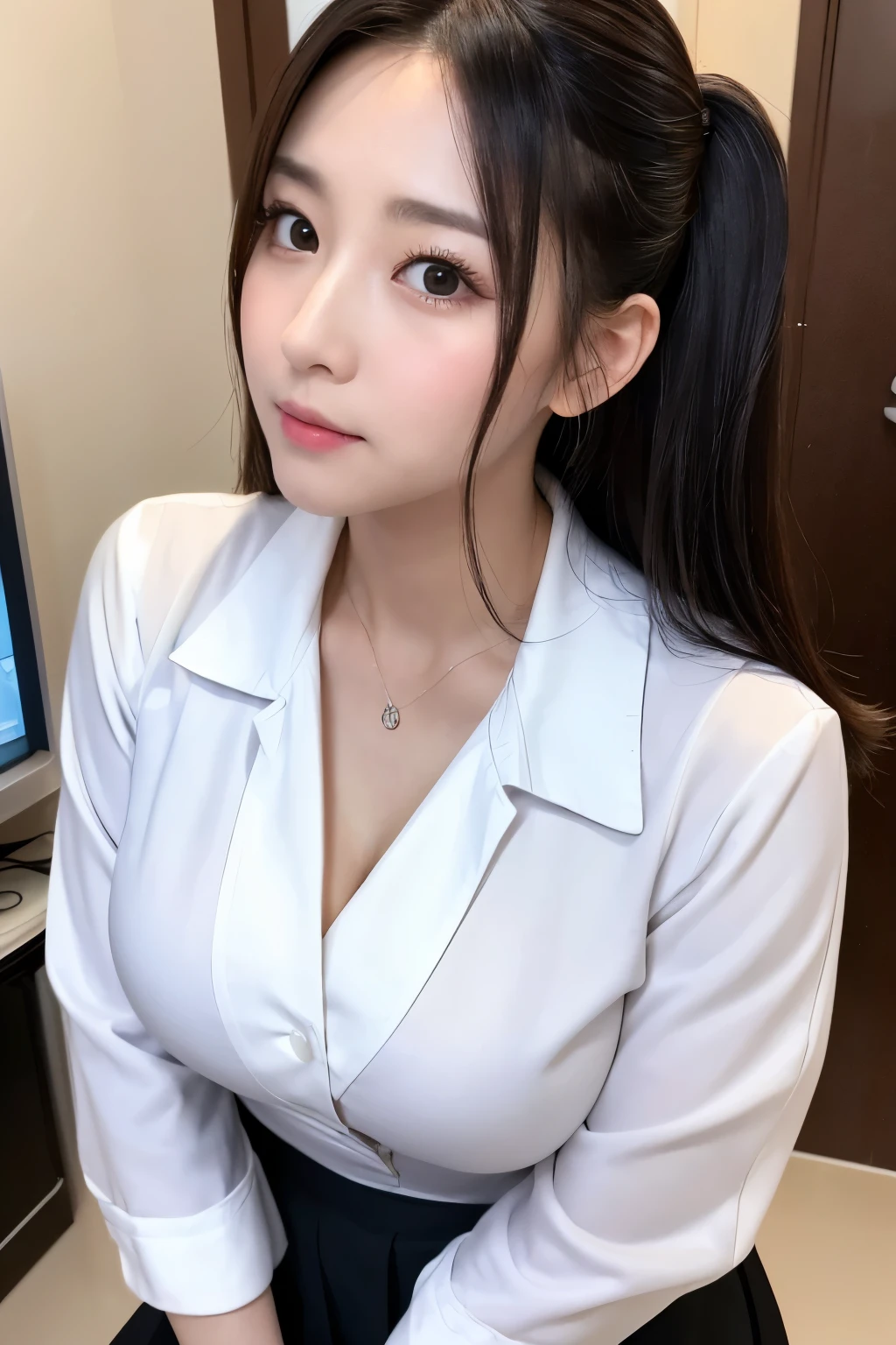 (1 woman)、(Beautiful Japanese、38years old,round face、Refreshing、clear、seems kind、stylish、Pitiful、cute like an angel、cute、black eyes、,actress,Narrow eyes,Adult atmosphere), Good style , (Beautiful big breasts:1.2),(soft breasts),(very cute),(Black hair),(long hair),(updo),(enchanting eyes),(highlight on eyes:1.2)、(8K、Live shooting、highest quality、masterpiece:1.2、optimal lighting)、((masterpiece)),(Photo taken by a professional photographer),(real、photo real:1.4),break,{ (White nurse costume),(((taraditional nurse uniform))),(White nurse mini skirt),((White pantyhose)),(cleavage:1.2)},(cheeks are red:1.2), break, break,Hospital,Face shot:1.3、Hospital room、Looking at viewer:1.0， face close-up