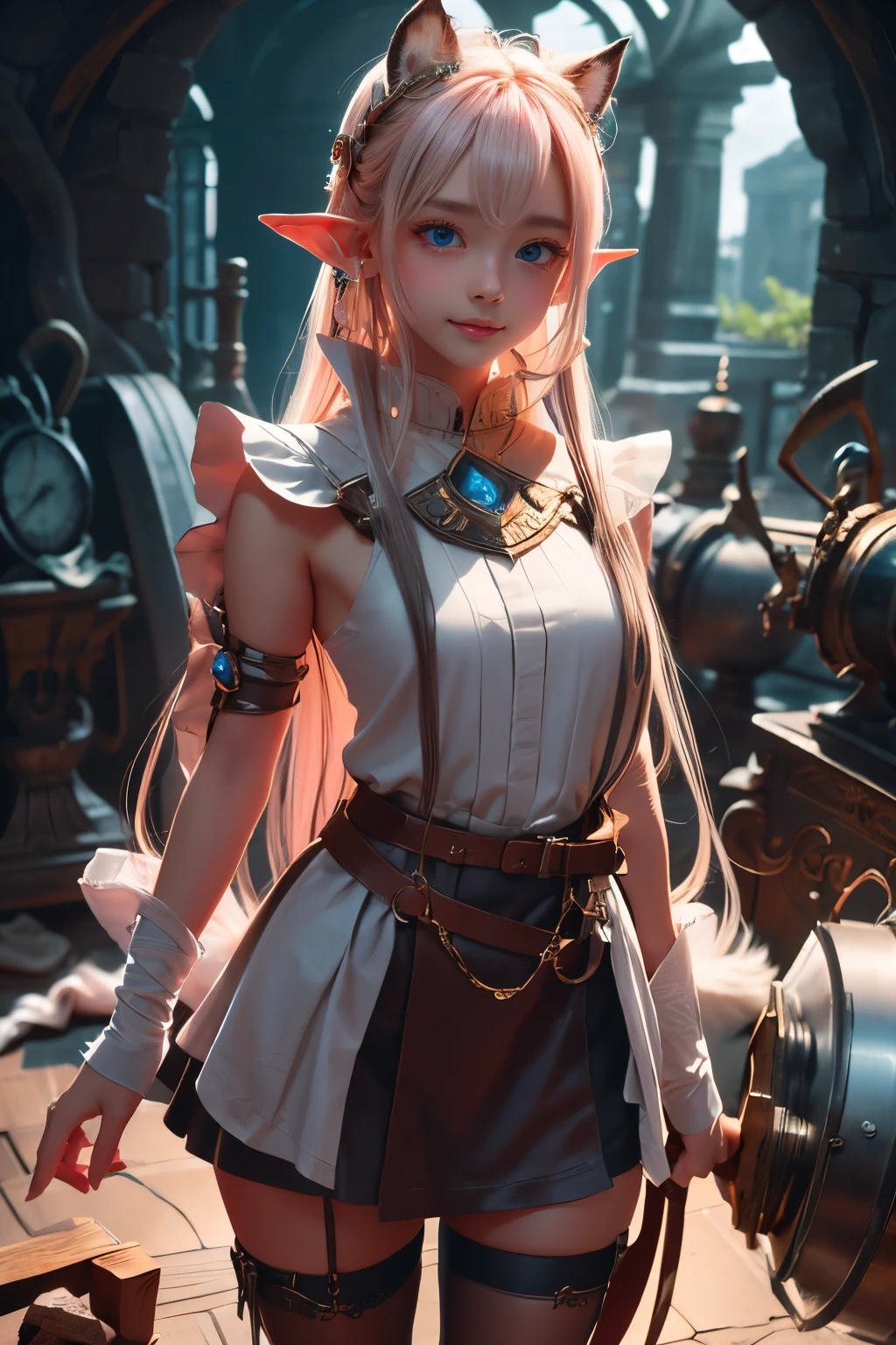 (Original Character, Unity 16K Wallpaper, masterpiece, Best Quality, Ultra-detailed, extremely details CG, Caustics, Cinematic lighting, Detailed, Beautiful detailed eyes, Solo, Oily skin), Ultra High Resolution, Fine skin, (strong lights), ((Brighten the subject)), Cute dwarf girl, White pink hair with very long messy hair, crystal hair ornament, Big eyes with tareme, sparkling brown eyes, pointy ears,  with thighs, Brown poncho, White atelier, crystal accessories, cute smile, holding hammer, inside cave,
