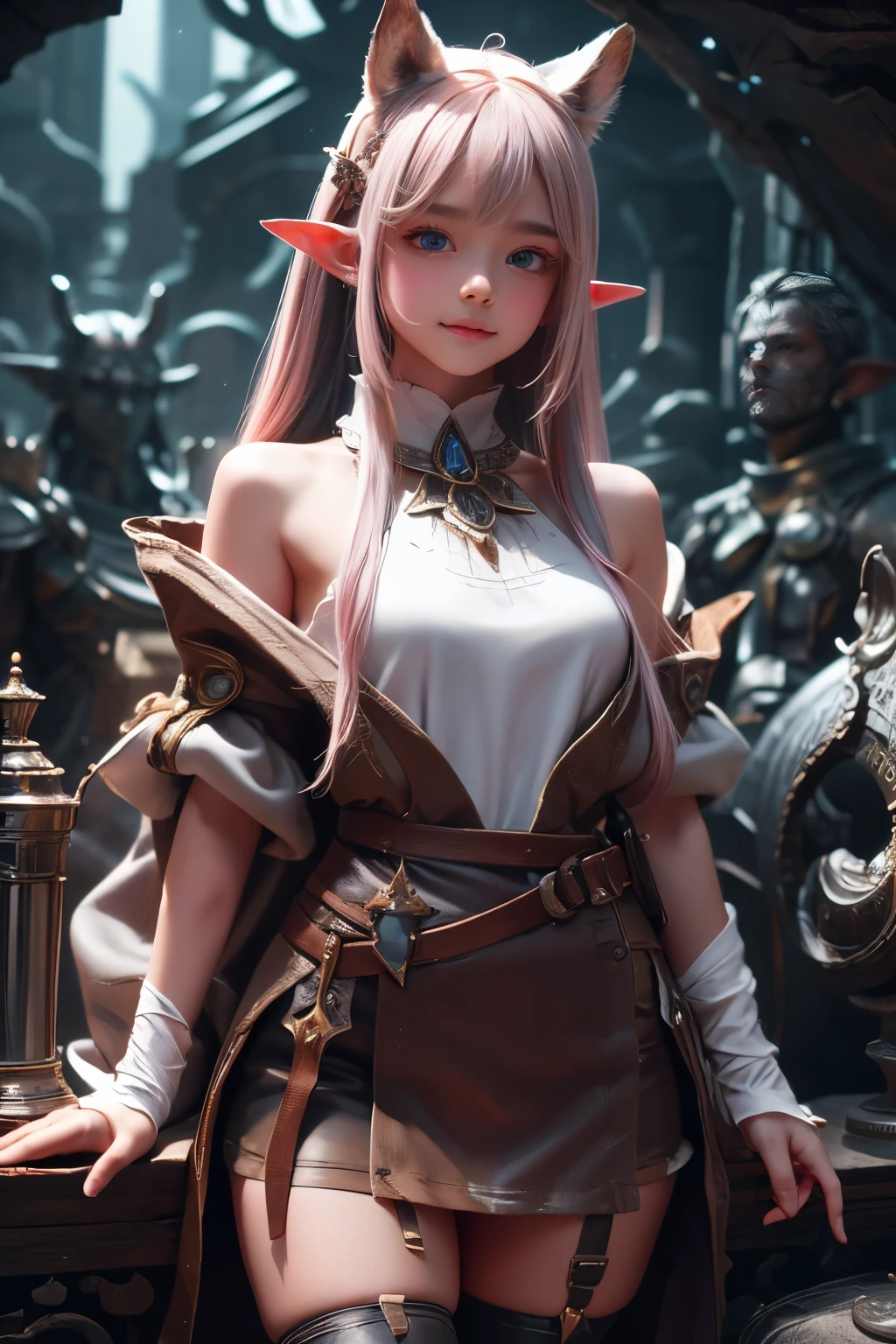 (Original Character, Unity 16K Wallpaper, masterpiece, Best Quality, Ultra-detailed, extremely details CG, Caustics, Cinematic lighting, Detailed, Beautiful detailed eyes, Solo, Oily skin), Ultra High Resolution, Fine skin, (strong lights), ((Brighten the subject)), Cute dwarf girl, White pink hair with very long messy hair, crystal hair ornament, Big eyes with tareme, sparkling brown eyes, pointy ears,  with thighs, Brown poncho, White atelier, crystal accessories, cute smile, holding hammer, inside cave,
