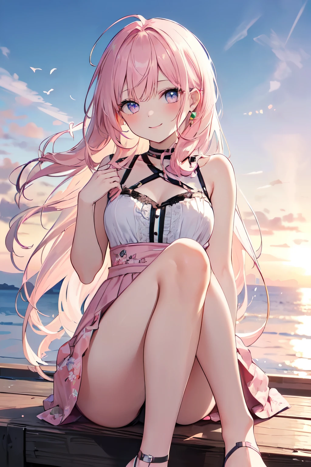 (8K, top-quality, masterpiece:1.2), Super Detail, One girl, (Highly detailed), (beautifully detailed eyes), (of the highest quality), (super detailed), (masterpiece), (Detailed face), 20yr old, 1 girl, (pink hair, long hair), medium breasts, clothed, Perfect Lighting, BREAK, (spring-summer transition:1.3), (floral dress:1.5), (pastel colors:1.4), (lightweight fabric:1.2), (airy silhouette:1.3), (lace details:1.4), (comfortable fit:1.2), (feminine style:1.3), (casual elegance:1.2), (ankle-length:1.3), (sleeveless:1.2), (v-neckline:1.2), (flared skirt:1.4), (cinched waist:1.5), (strappy sandals:1.3), (minimal jewelry:1.2), BREAK, (high quality:1.2), (spring-summer vibe:1.3), (pink long hair:1.5), (gentle smile:1.4), (sideways glance:1.2), (relaxed posture:1.3), (holding skirt:1.4), (natural park background:1.2), (beach background:1.2), (soft morning light:1.3), (warm sunset glow:1.3), (upper body to knees:1.2)