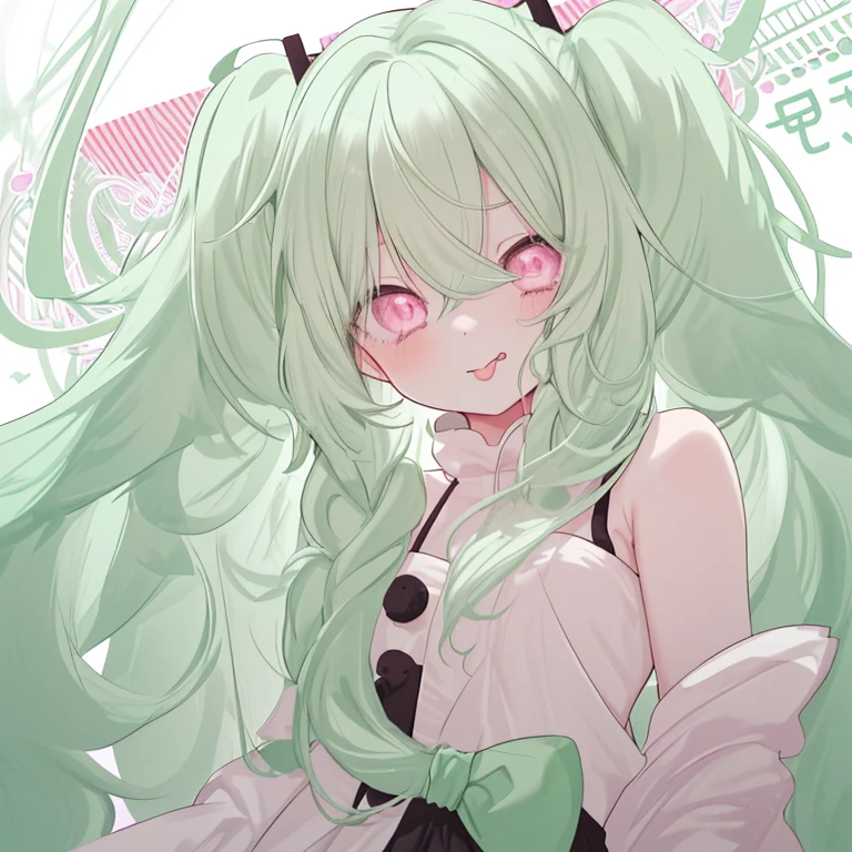 1 girl,Mint green hair,Long Hair,Curly Hair,Round eyes,Pink Eyes,cute,Sister,Monochrome,Sticking out tongue,tilt one's head,Shoulder-length images,Hold a cigarette in one hand,Make a gun shape with your other hand and point it at your head,Bandage on the neck,cool,ゴージャス1 girl