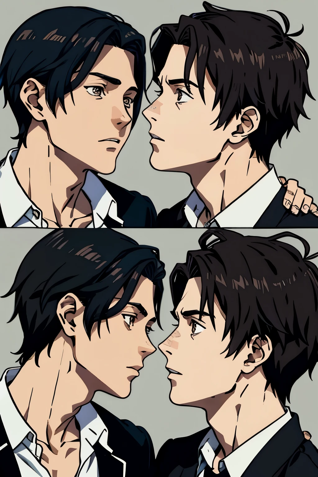 Regenerate me a manga book cover with two young men, one with brown hair and the other with black hair, illustrating a forbidden relationship with two men