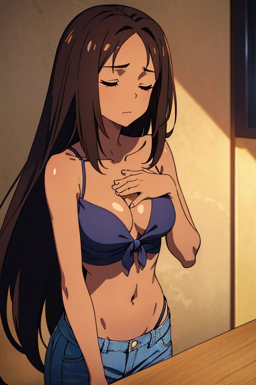 (detailed), perfect face, brown skin anime woman in a deep V-neck tied top, (bare shoulders), (jeans), (long hair), starving, (resting hands on the stomach), (hands on the stomach), (slim woman), (smooth and shiny skin), embarrassed, eyes closed, ((best quality)), ((masterpiece))