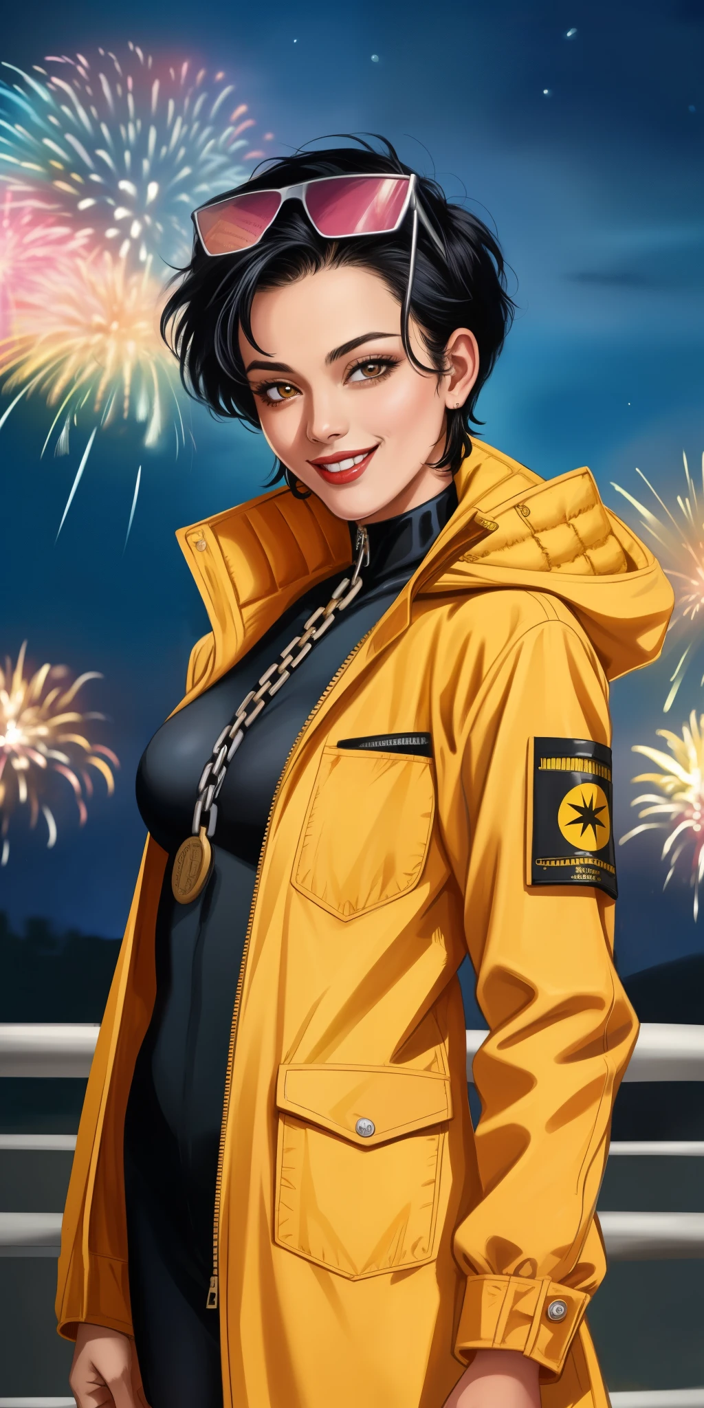 Jubilee,short black hair, brown eyes, solo, standing,  cowboy shot, shades on head, 
open yellow jacket,  black body suit,  smile, 
streets, chain fence, fireworks, retro, night, 
 (insanely detailed, beautiful detailed face, masterpiece, beautiful detailed eyes, best quality)
 
