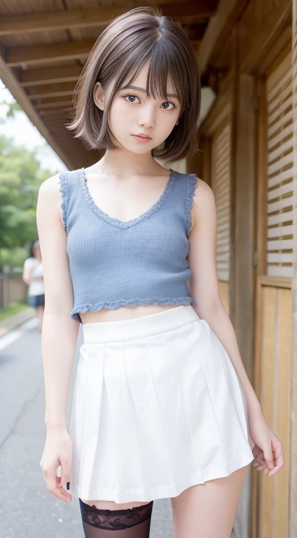 Highly detailed CG Unity 8K wallpaper, highest quality, Super detailed, masterpiece, realistic, photo realistic, Full body shot from a distance、Highly detailed cute girl, 20-year-old, (((Try it yourself Skirt lift))), (lift it yourself), small white string panties , panties focus, blush, parted lips, looking at the viewer , pastel shoulder blouse、pastel colored pleated skirt、Japan、city、Wave Shorthair ,slim legs、high heels、necklace、earrings