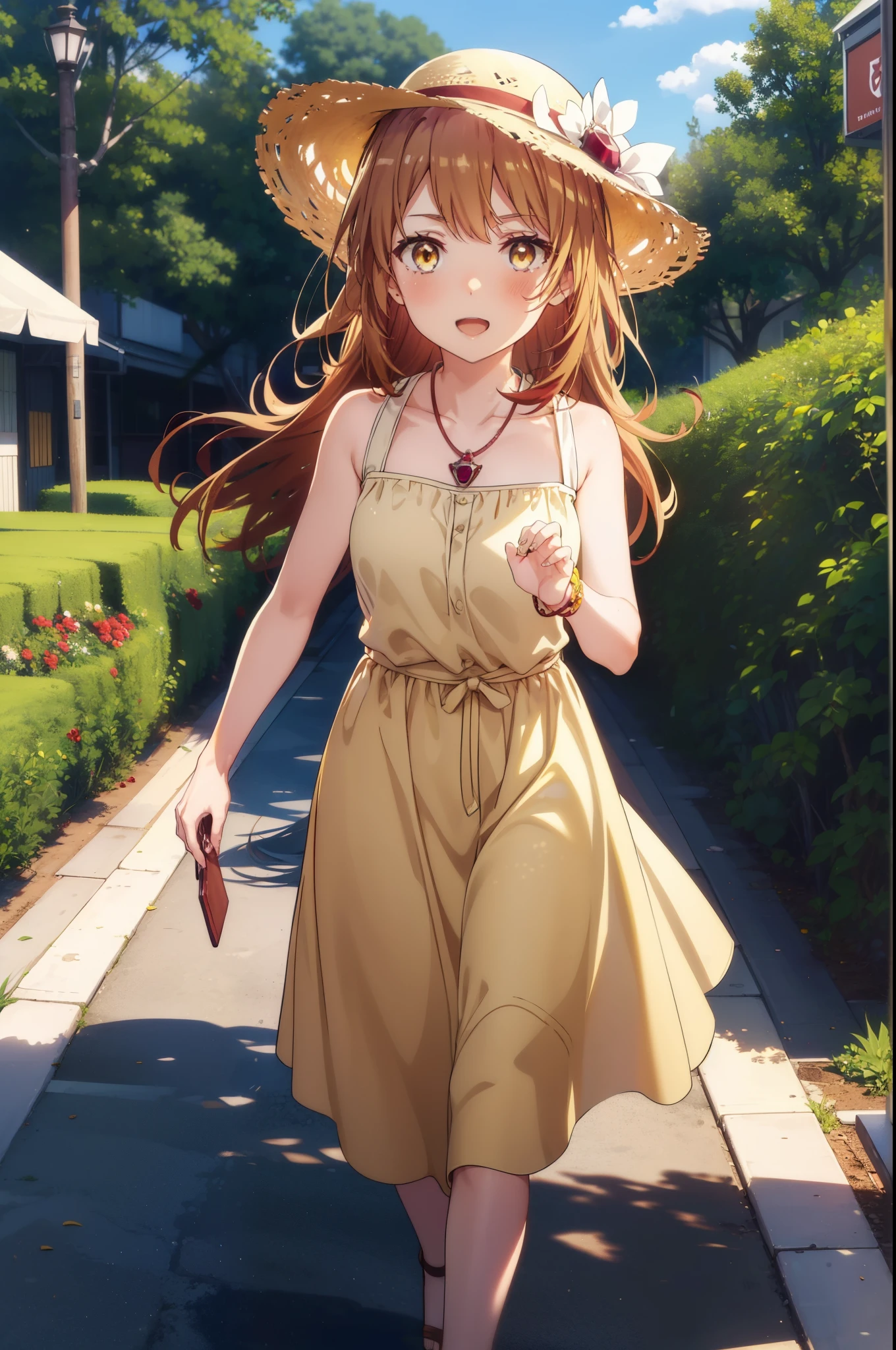 irohaisshiki, Isshiki Iroha, Long Hair, Brown Hair, (Brown ruby eyes:1.5), Sleeveless yellow dress,Yellow long skirt,Bare neck,Locket Necklace,Cute Sandals,Straw hat,happy smile, smile, Open your mouth,Daytime,Clear skies,True Summer,whole bodyがイラストに入るように,Walking,
break outdoors ,garden,crowd, people々々,
break looking at viewer,whole body,
break (masterpiece:1.2), highest quality, High resolution, unity 8k wallpaper, (shape:0.8), (Beautiful and detailed:1.6), Highly detailed face, Perfect lighting, Highly detailed CG, (Perfect hands, Perfect Anatomy),