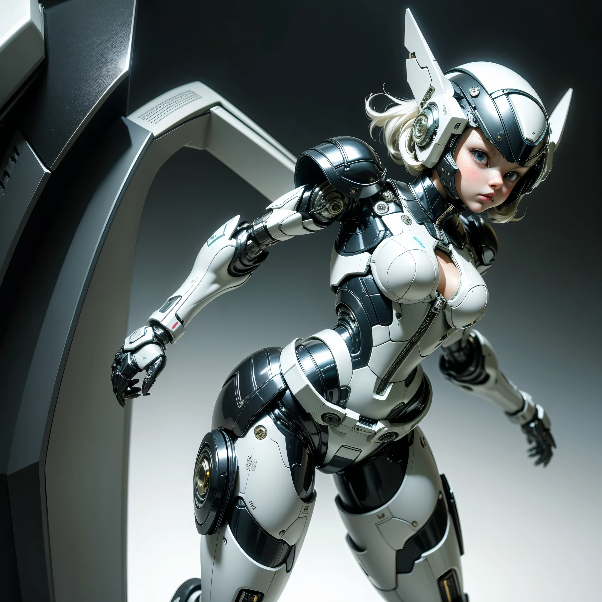 Very cute human 8 year old girl face, doll-like body with robot arm, robot waist and legs, very cute and feminine, short, , small, full hip, medium bust, tight-fitting white armor, cleavage, flat belly visible, helmet with antenna,  very stylish, Black rubber bodysuit with zipper
