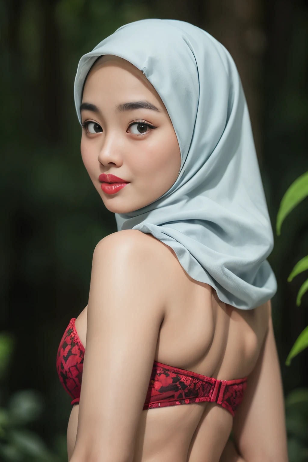 ((thick lips:1.9)), Lace, (Happy smile), (((HIJAB MALAY GIRL))), masutepiece, High quality, UHD 32K, Realistic face, Realistic skin feeling , A Japanese Lady, 8 years old, , Very cute and baby-like face, (((FLAT CHEST))), (Night time at forest), ((look In front at the camera and SADNESS)), (((FLUORESCENCE))), (((CUTE GIRL))), ((RED & YELLOW LIPS)), ((Floral Pattern)) little wearing strapless bra, strapless colorful bra, dark night horror scary place (from behind up) seductive pose