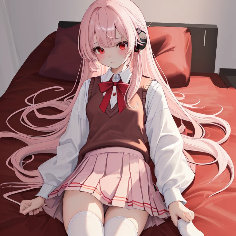 (8k、highest quality、masterpiece:1.2)、Illustration touch、Ultra-detailed、Super A High Resolution、Light pink hair、long hair、Headphones、Woman in uniform、clear、High 、ボタンを全部とめた白色のLong sleeve blouseと紺色のSweater vest、Long sleeve blouse、Red ribbon tie、紺色のSweater vest、Sweater vest、Red Check Skirt、Red Check Skirt、mini skirt、White knee socks、White Pantyhose、Lying in bed、Inner thighs、Shoeless legs、Thin limbs、White panties、(School uniform:1.4)、Blushing、Embarrassing、Watery eye