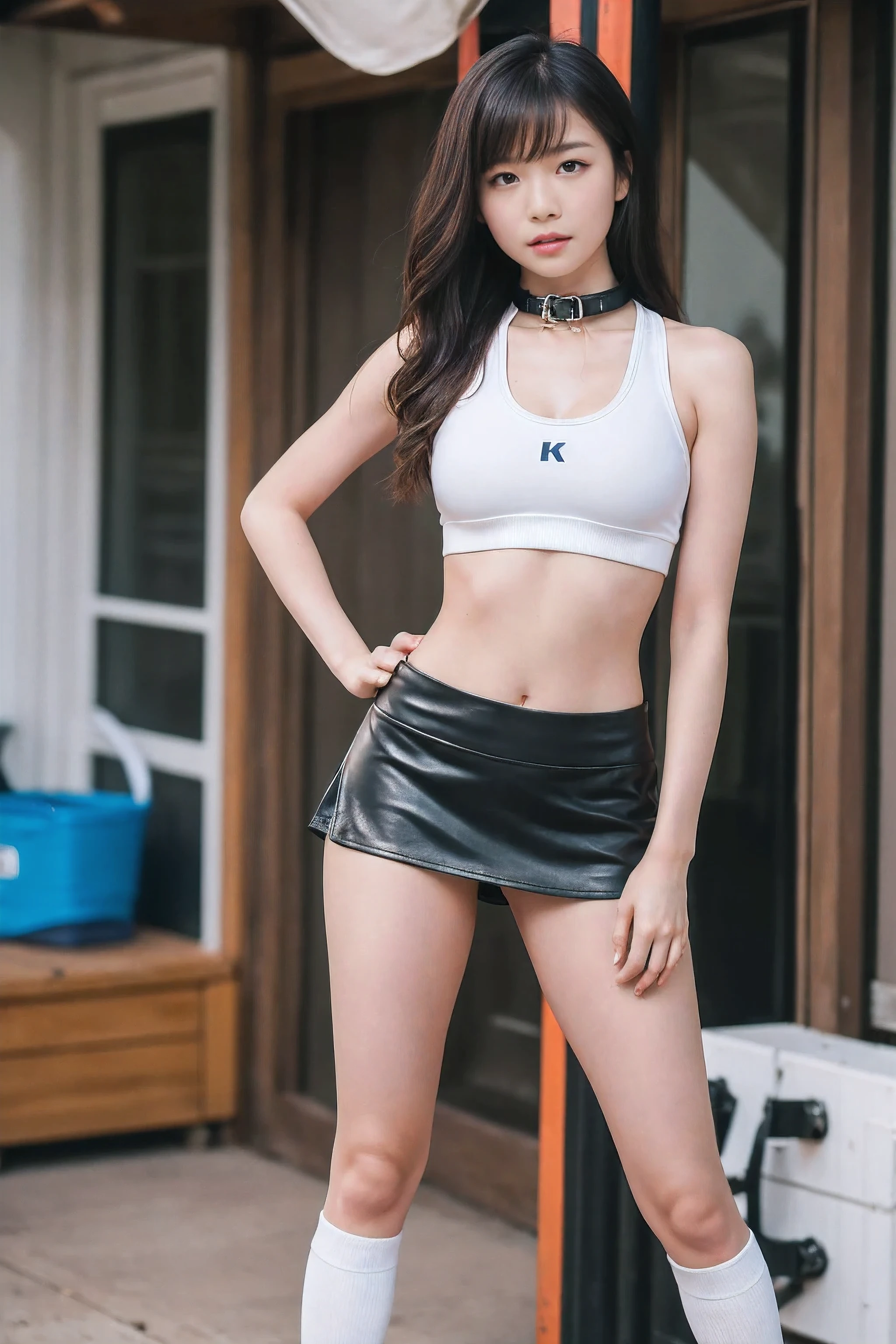 (8x_NMKD-Superscale_150000_G),(8K, Super high quality,highest quality),(masterpiece:1.5),(cowboy shot),1 cheerleader, , captured by dictator and brainwashed into slavery, (leather collar), (shackled), (sports bra, too short skirt, white panties, socks)