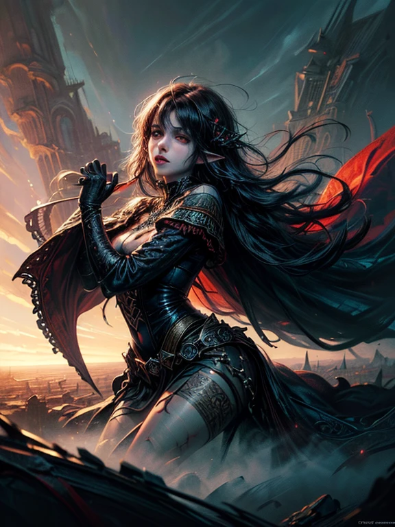 fantasy art, gothic art, (masterpiece:1.5), full body best details, highly detailed, best quality, Glowing Purple, highres, full body portrait of a vampire, elf (Masterpiece, best quality: 1.6), ultra feminine, wizard, (intricate details, Masterpiece, best quality: 1.5) with a long curvy hair,  black hair hair, (red: 1.2) eyes, (fantasy art, Masterpiece, best quality), ((beautiful delicate face)), Ultra Detailed Face (intricate details, fantasy art, Masterpiece, best quality: 1.5), [[vampiric fangs 1.5]] (red cloak: 1.3) , flowing cloak (intricate details, fantasy art, Masterpiece, best quality: 1.3), wearing an intricate (blue:1.3) dress (intricate details, fantasy art, Masterpiece, best quality: 1.5), high heeled boots, urban background (intense details, beat details), fantasy, at night light, natural ,moon light, clouds, gothic atmosphere, soft light, dynamic light, [[anatomically correct]], high details, best quality, 8k, [ultra detailed], masterpiece, best quality, (extremely detailed), dynamic angle